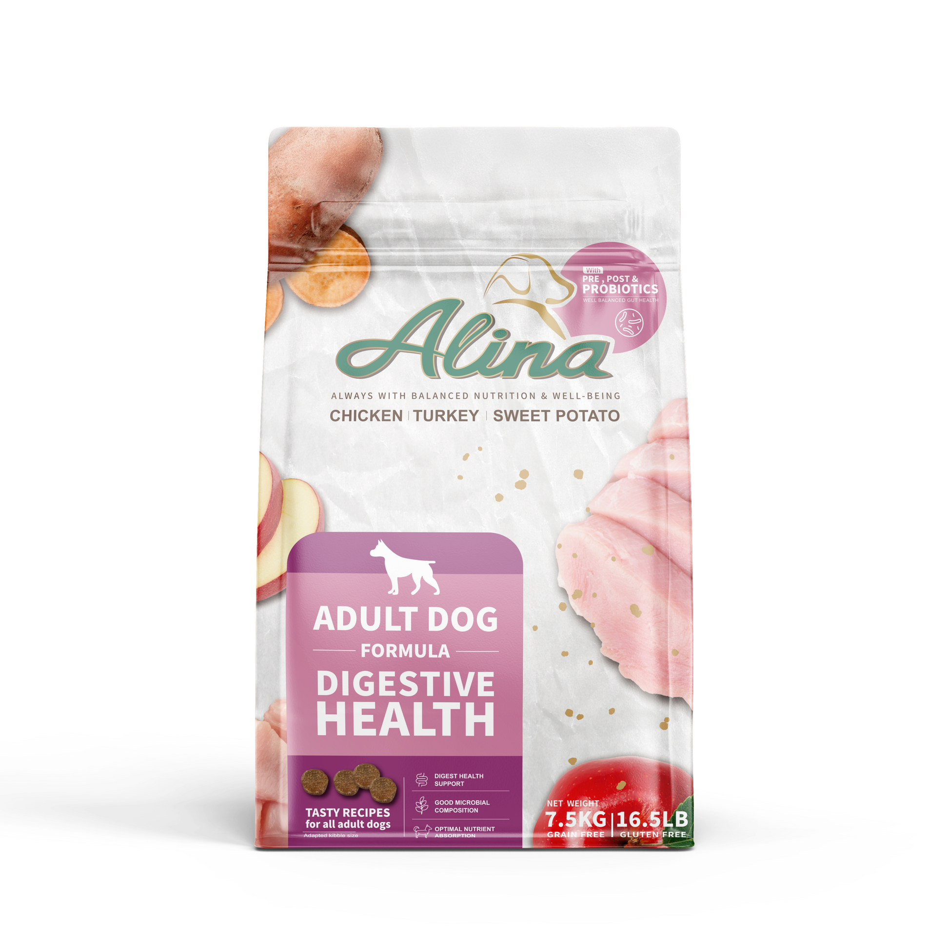 【歡慶開站 | 7 折起】ALINA 成犬順暢食譜｜雞肉+火雞肉｜腸道保健配方 - ALINA 艾莉納 寵物主廚快餐車